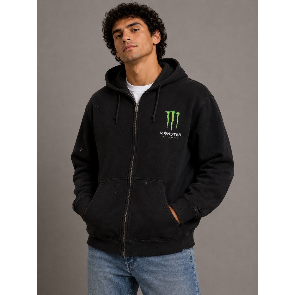 Monster Energy Mens Black‎ Full Zip Hoodie Sweatshirt Green Claw Logo Distressed